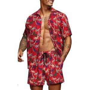 Vatpave Men's Red Tropical Hawaiian Print Shorts Shirt Set Size XXXL